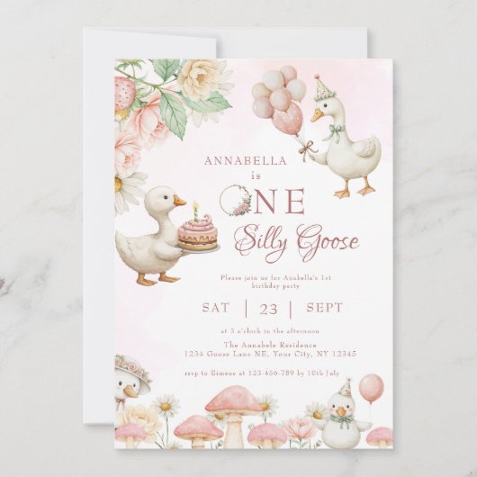 間抜けグースフラワーガーデンマッシュルーム1st誕生日 招待状 (正面)