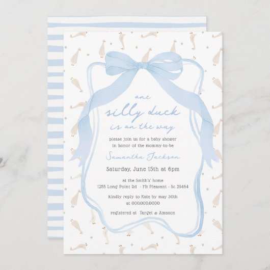 間抜けダックブルーボウボーイベビーシャワー招待状 招待状 (正面/裏面)