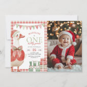間抜けGoose Christmas Gingham 1st Birthday写真 招待状 (正面)