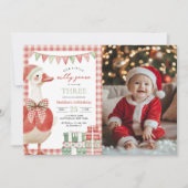 間抜けGoose Christmas Gingham 3rd Birthday写真 招待状 (正面)