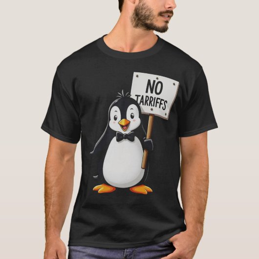 関税反対 税金なしの面白いペンギン Tシャツ (正面)
