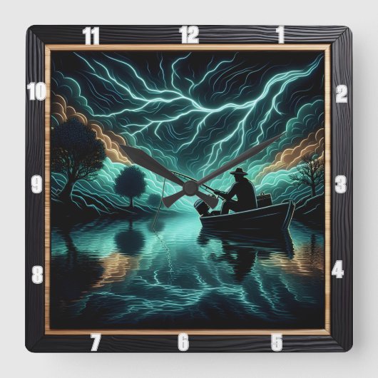 闇の魚釣り スクエア壁時計 (正面)