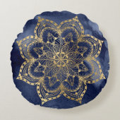 防峰マンダラ金ゴールドネイビーブルーインクテクスチャー ラウンドクッション (正面)