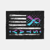 防止認識度ステインピンクおよびティール(緑がかった色)リボンフラット フリースブランケット (正面(横))