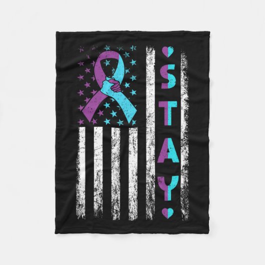 防止認識度ステインピンクおよびティール(緑がかった色)リボンフラット フリースブランケット (正面)