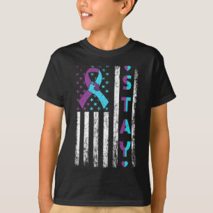 防止認識度ステインピンクおよびティール(緑がかった色)リボンフラット Tシャツ