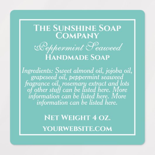 防水ティール（緑がかった色）と白せっけん成分 ラベル (デザイン3)