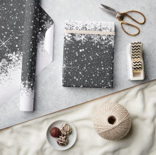 降雪と雪の縁どクリスマスID728 ラッピングペーパー (クラフト)