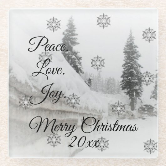 降雪スノーフレークスクリスマス白黒スケッチ ガラスコースター (正面)