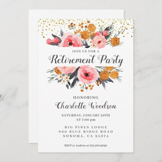 除エレガント職パーティー |フローラ赤面ピンク金ゴールド 招待状 (正面/裏面)