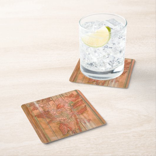 除去されたモダン背景のオレンジ色のフローラプリント スクエアペーパーコースター (インサイチュ)