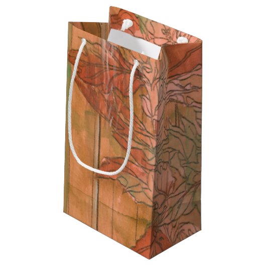 除去されたモダン背景のオレンジ色のフローラプリント スモールペーパーバッグ (裏面アングル)