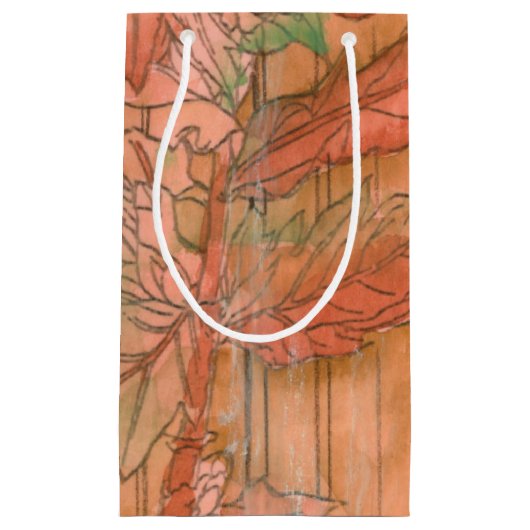 除去されたモダン背景のオレンジ色のフローラプリント スモールペーパーバッグ (正面)