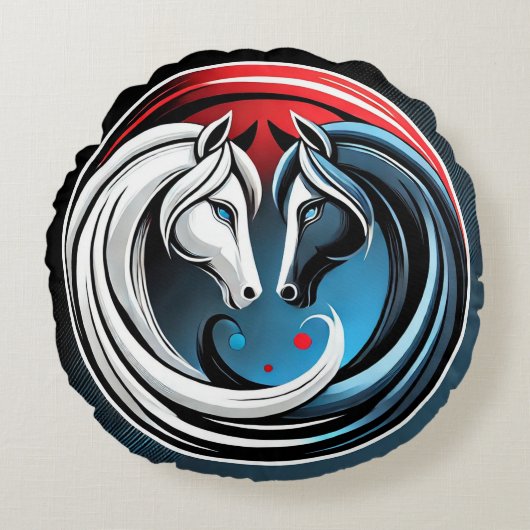 陰陽にインスパイアされた抽象的な馬のデザイン ラウンドクッション (正面)