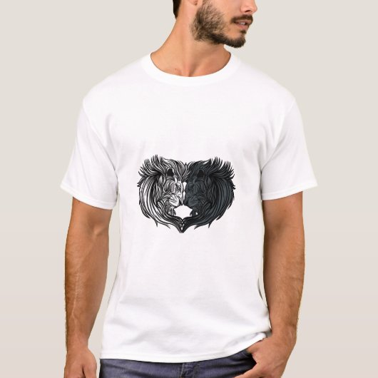 陰陽の動物アート ライオンの戦い Tシャツ (正面)