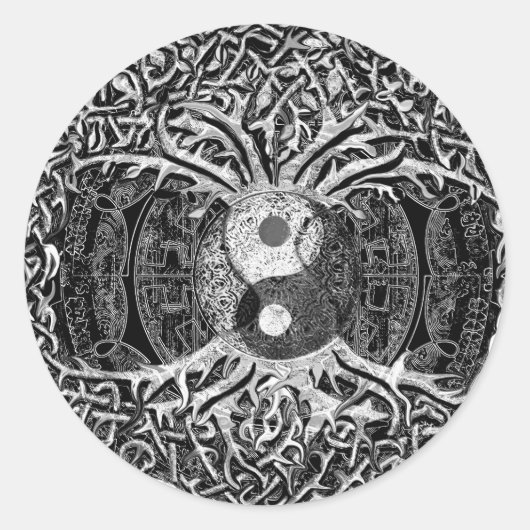 陰陽の木と黒/白 ラウンドシール (正面)
