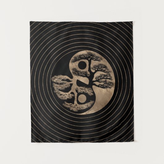 陰陽の木の黒および金ゴールド タペストリー (正面)