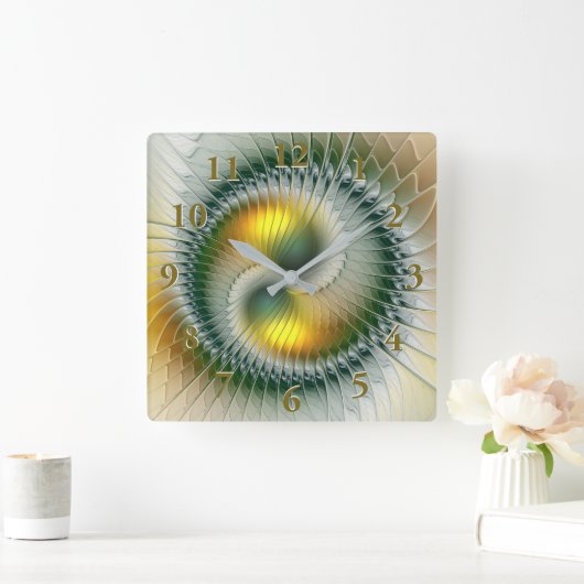 陰陽の緑の黄色の抽象芸術のカラフルのフラクタル スクエア壁時計 (ホーム)