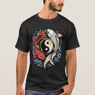 陰陽の鯉の魚 和彫りデザイン Tシャツ