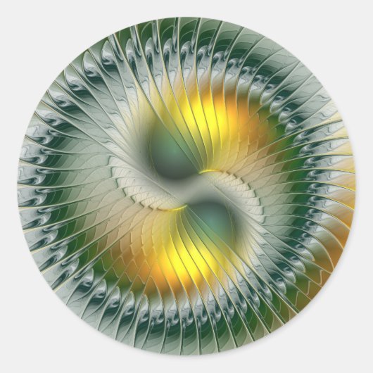陰陽グリーンイエローアブストラクトカラフルフラクタル ラウンドシール (正面)