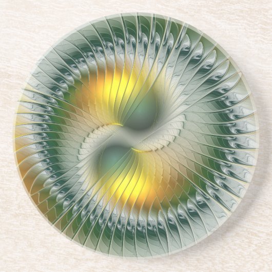 陰陽グリーンイエロー抽象芸術フラクカラフルトル コースター (正面)
