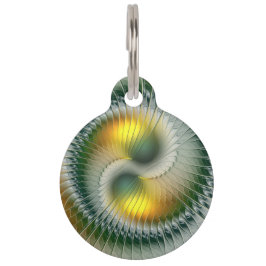 陰陽グリーンイエロー抽象芸術フラクカラフルトル ペット　ネームタグ