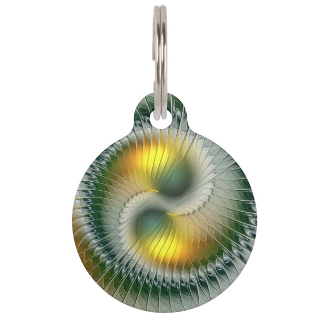 陰陽グリーンイエロー抽象芸術フラクカラフルトル ペット　ネームタグ (正面)