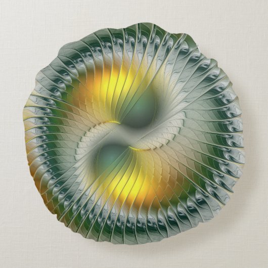 陰陽グリーンイエロー抽象芸術フラクカラフルトル ラウンドクッション (裏面)