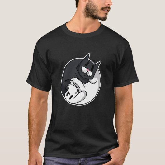 陰陽シンボル 猫 犬 おもしろい 動物 かわいい ペットのオーナー Tシャツ (正面)
