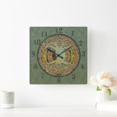 陰陽ツリーオブライフ革ルック スクエア壁時計 (ホーム)