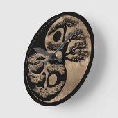 陰陽ツリーブラックと金ゴールド ラウンド壁時計 (傾斜)