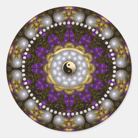 陰陽パールパープル金ゴールド幾何学マンダラ ラウンドシール (正面)