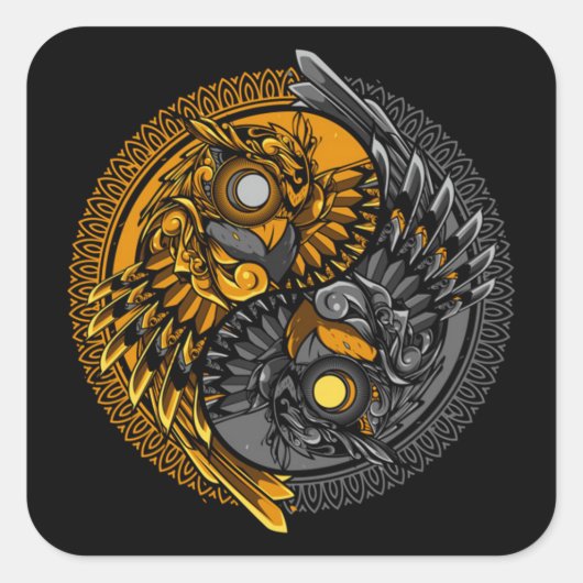 陰陽フクロウドールオーナメントイラストレーション スクエアシール (正面)