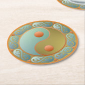 陰陽メダリオン金ゴールドターコイズ ラウンドペーパーコースター (アングル)