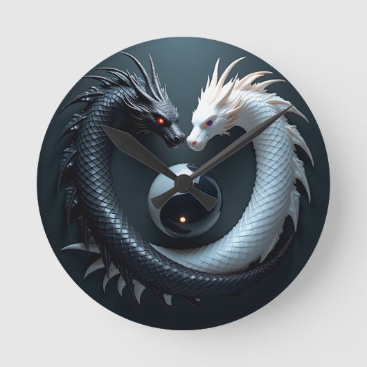 陰陽太極黒白ドラゴン ラウンド壁時計 (正面)