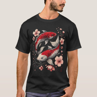 陰陽鯉桜日本風フラワー Tシャツ