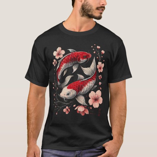 陰陽鯉桜日本風フラワー Tシャツ (正面)