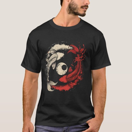陰陽鯉魚 日本の鯉 鯉の魚 アジアン Tシャツ (正面)