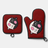 陰陽黒白の眠り猫 鍋つかみ&鍋敷きセット (正面)