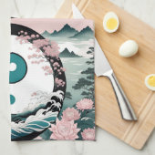 陰陽、フローラマウンテンピンクセージティール(緑がかった色) キッチンタオル (四つ折り)