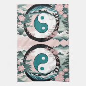 陰陽、フローラマウンテンピンクセージティール(緑がかった色) キッチンタオル (縦)