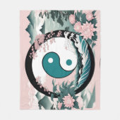 陰陽、フローラマウンテンピンクセージティール(緑がかった色) フリースブランケット (正面)