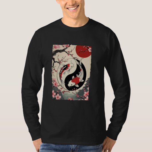 陰陽 日本の鯉 桜 Tシャツ (正面)