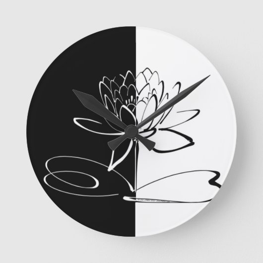 陰陽 黒と白の蓮の花 ラウンド壁時計 (正面)