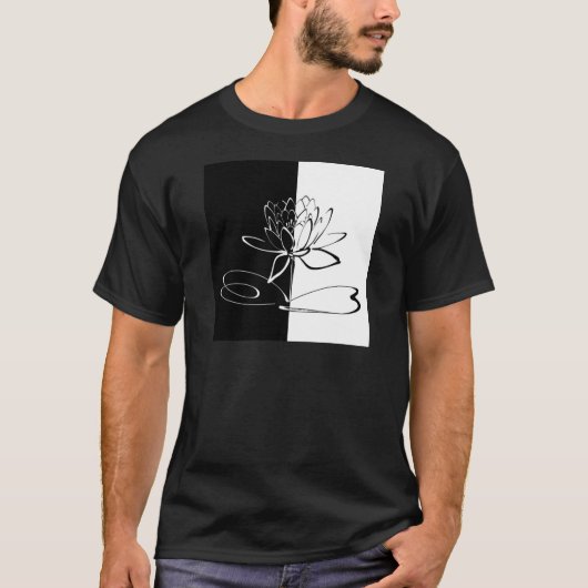 陰陽 黒と白の蓮の花 Tシャツ (正面)
