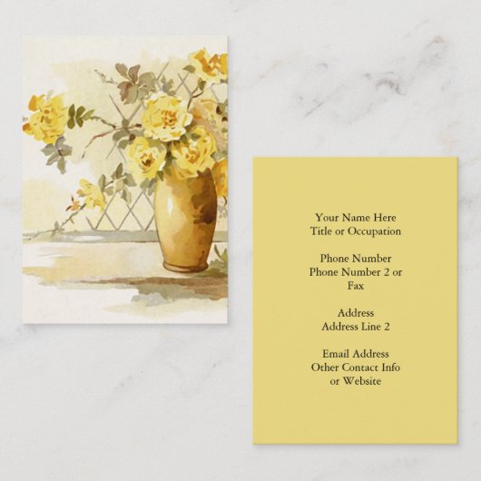 陶器のつぼ|の水彩画の花柄の黄色バラ 名刺 (正面/裏面)