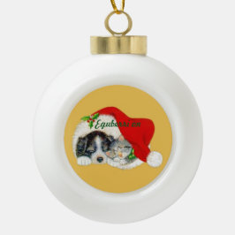 陶器のクリスマスオーナメント 子犬と子猫 セラミックボールオーナメント