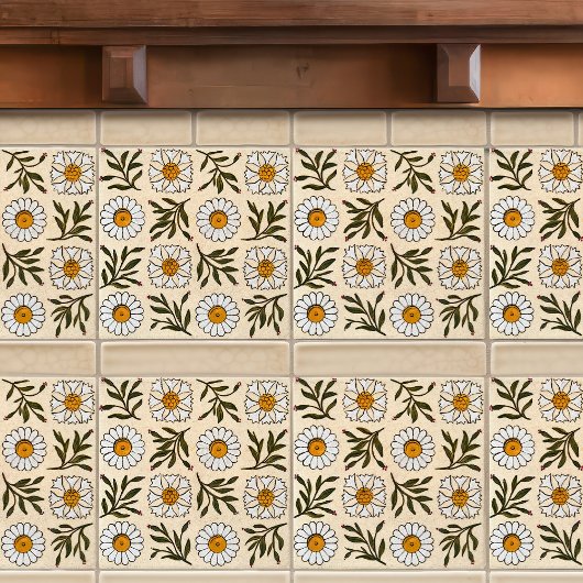 陶器のデイジーシームレスな白い緑の花模様 タイル