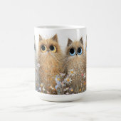 陶器マグカップ - かわいい猫と花 コーヒーマグカップ (中央)