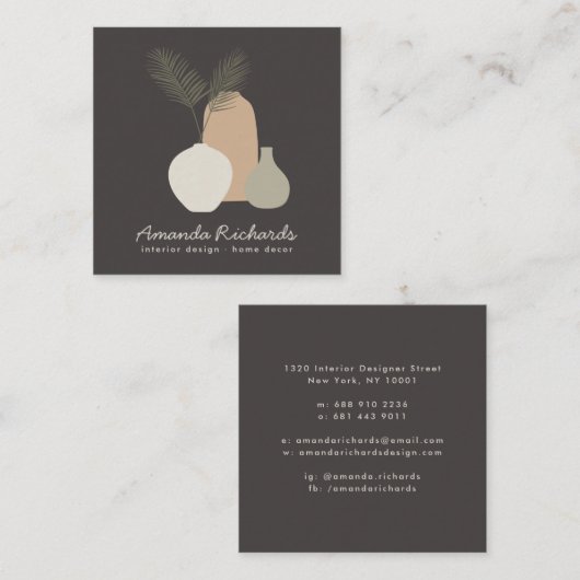 陶器素朴のデコの植物ボホ茶色のインテリア スクエア名刺 (正面/裏面)